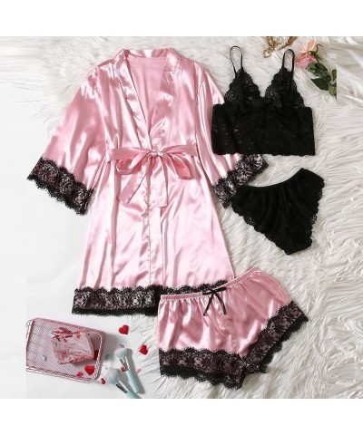 Womens Pajamas 4 Piece Pjs Sets Silk Satin Nightgown Lace Lingerie and Shorts Soft Sleepwear Lounge Set with Robe D-watermelo...