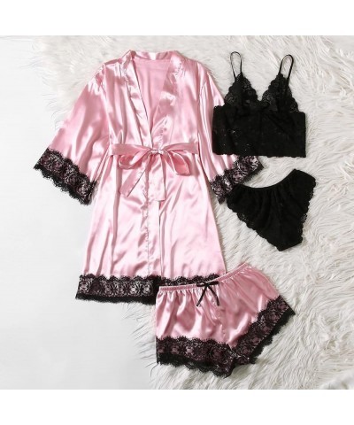 Womens Pajamas 4 Piece Pjs Sets Silk Satin Nightgown Lace Lingerie and Shorts Soft Sleepwear Lounge Set with Robe D-watermelo...