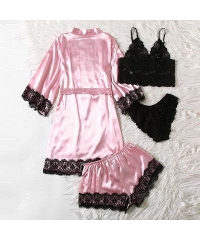 Womens Pajamas 4 Piece Pjs Sets Silk Satin Nightgown Lace Lingerie and Shorts Soft Sleepwear Lounge Set with Robe D-watermelo...