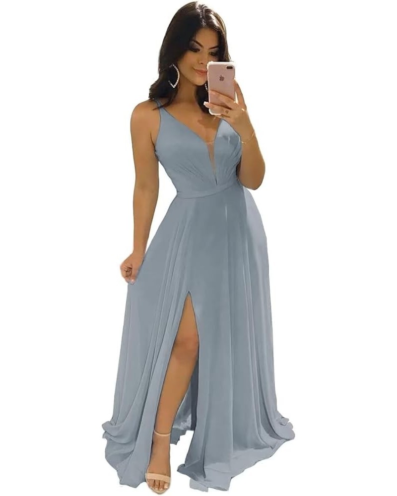 Chiffon Bridesmaid Dresses for Women Long V Neck Formal Dresses with Slit Formal Gowns Dusty Blue $27.50 Dresses