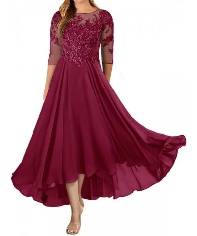 Lace Appliques Mother of The Bride Dress for Wedding with Sleeves High Low Formal Evening Gowns for Women Burgundy $35.69 Dre...