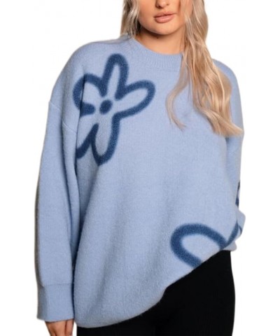 Women's Cute Flower Sweater Pullover Long Sleeve Crewneck Knit Oversized Jumper Harajuku Vintage Aesthetic Sweater Blue $16.7...