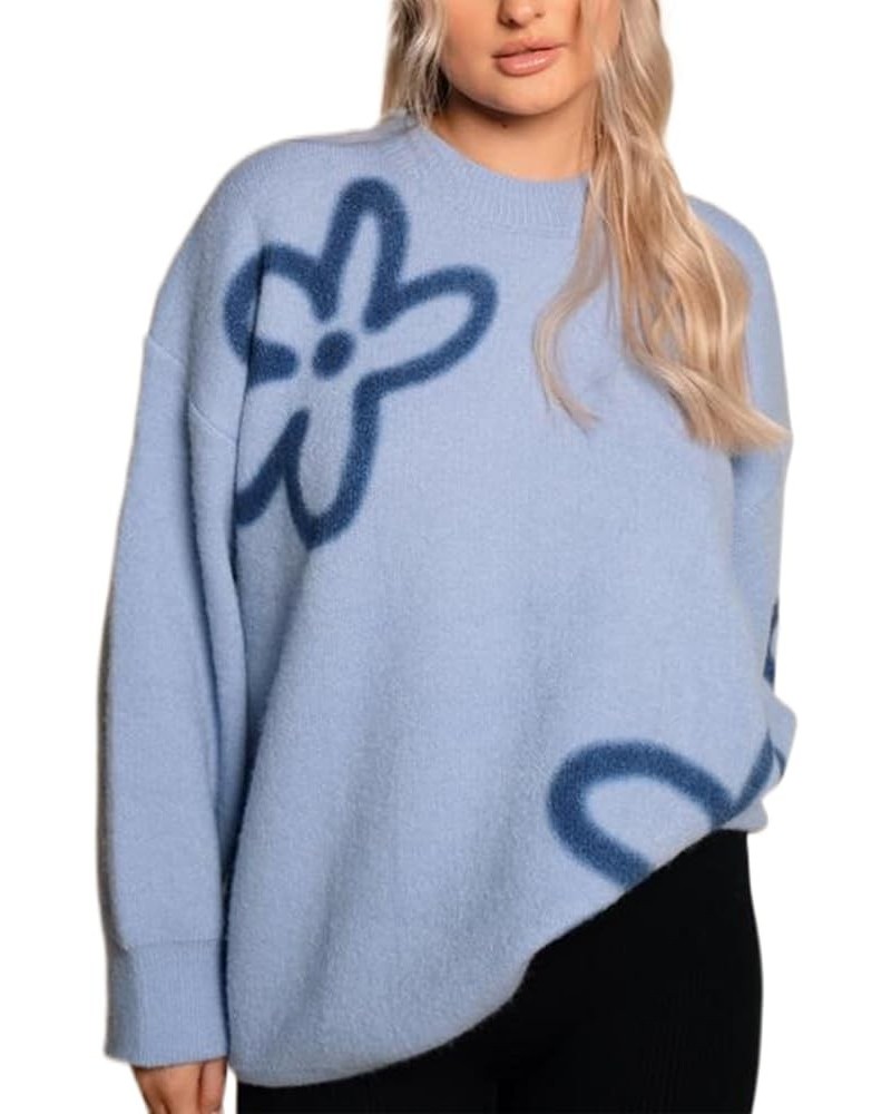 Women's Cute Flower Sweater Pullover Long Sleeve Crewneck Knit Oversized Jumper Harajuku Vintage Aesthetic Sweater Blue $16.7...