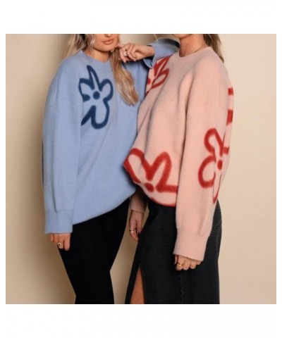 Women's Cute Flower Sweater Pullover Long Sleeve Crewneck Knit Oversized Jumper Harajuku Vintage Aesthetic Sweater Blue $16.7...