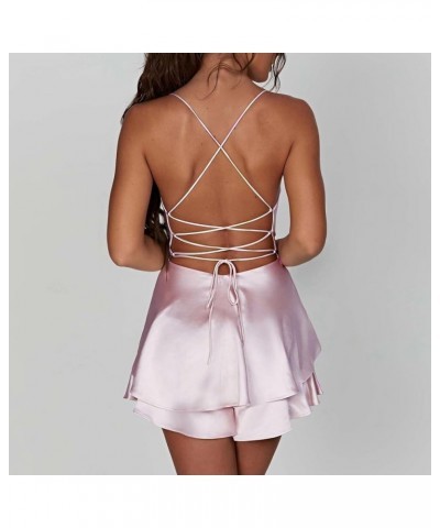 Women Summer Mini Dress Sleeveless Low Cut Dress Y2K Party Clubwear Sexy A Line Backless Sundress Satin Pink $12.79 Dresses