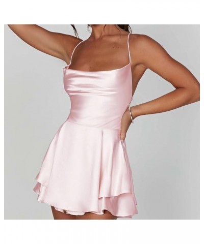 Women Summer Mini Dress Sleeveless Low Cut Dress Y2K Party Clubwear Sexy A Line Backless Sundress Satin Pink $12.79 Dresses