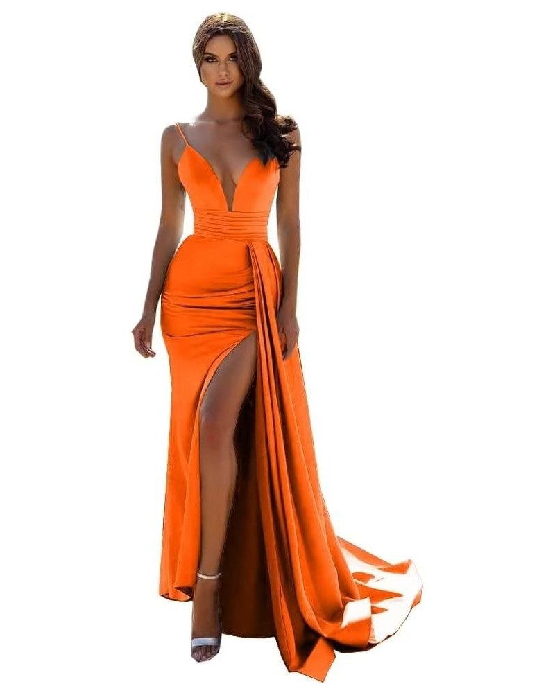 Deep Mermaid Prom Dresses V-Neck 2022 Long with Train Satin Formal Sexy Warp Evening Gowns with Slit DR0037 Burnt Orange $39....