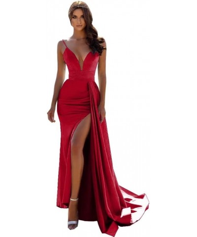 Deep Mermaid Prom Dresses V-Neck 2022 Long with Train Satin Formal Sexy Warp Evening Gowns with Slit DR0037 Burnt Orange $39....