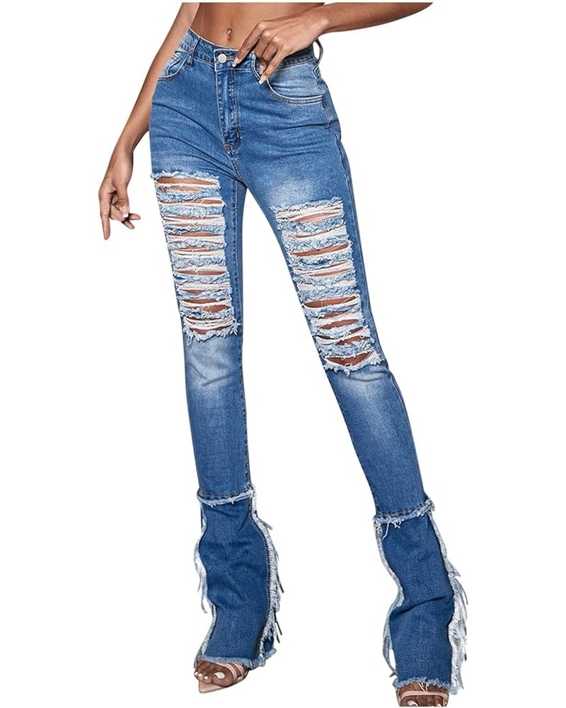 Women's Ripped Skinny Jeans High Waisted Raw Hem Distressed Stretch Denim Pants Y2k Fashion Destroyed Trousers Blue $12.00 Ot...