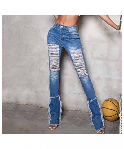 Women's Ripped Skinny Jeans High Waisted Raw Hem Distressed Stretch Denim Pants Y2k Fashion Destroyed Trousers Blue $12.00 Ot...