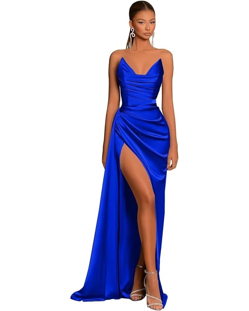 Satin Strapless V-Neck Long Prom Dress Tight Ruched Formal Party Dress Royal Blue $26.40 Dresses