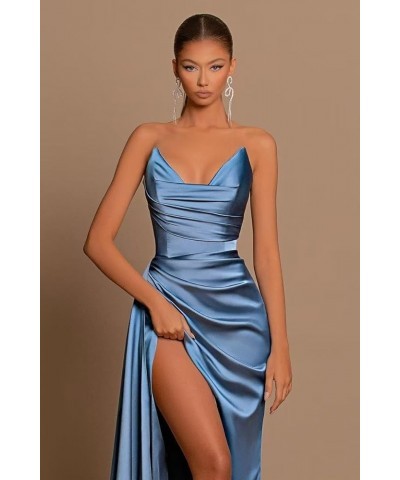 Satin Strapless V-Neck Long Prom Dress Tight Ruched Formal Party Dress Royal Blue $26.40 Dresses