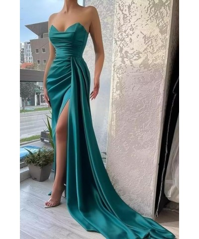 Satin Strapless V-Neck Long Prom Dress Tight Ruched Formal Party Dress Royal Blue $26.40 Dresses