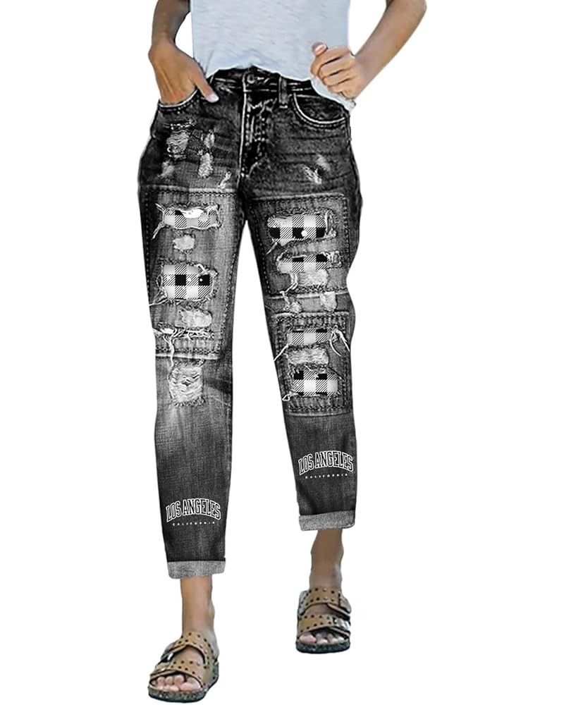 Women Jeans Long Pants Snowman Hat Print Ripped Jeans Plus Size Pants Trousers Slim Jeans Pants A01-grey $10.56 Jeans