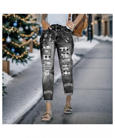 Women Jeans Long Pants Snowman Hat Print Ripped Jeans Plus Size Pants Trousers Slim Jeans Pants A01-grey $10.56 Jeans