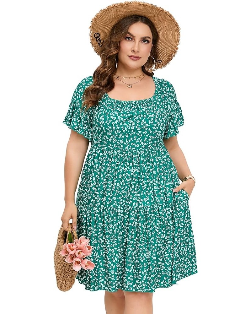 Plus Size Dress Women's Plus Size Floral V-Neck Dress Short Sleeve Knee Length A-line Mini Dresses Green White Flower $16.63 ...