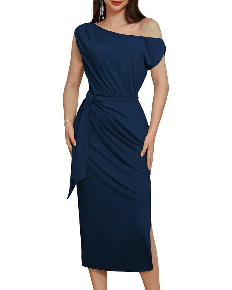 2024 Women's One Shoulder Cocktail Dresses for Evening Party Bodycon Midi Dresses Navy Blue $22.00 Dresses