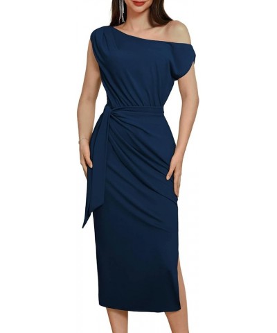 2024 Women's One Shoulder Cocktail Dresses for Evening Party Bodycon Midi Dresses Navy Blue $22.00 Dresses