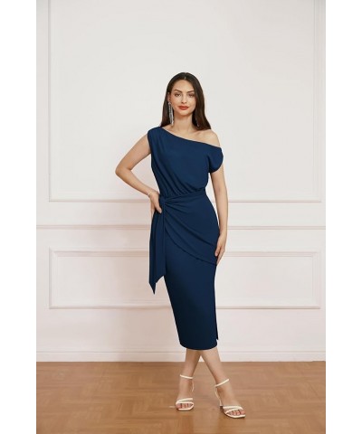 2024 Women's One Shoulder Cocktail Dresses for Evening Party Bodycon Midi Dresses Navy Blue $22.00 Dresses