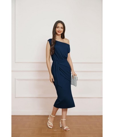 2024 Women's One Shoulder Cocktail Dresses for Evening Party Bodycon Midi Dresses Navy Blue $22.00 Dresses