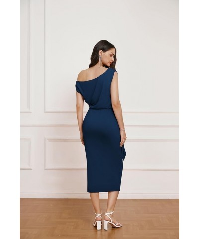 2024 Women's One Shoulder Cocktail Dresses for Evening Party Bodycon Midi Dresses Navy Blue $22.00 Dresses