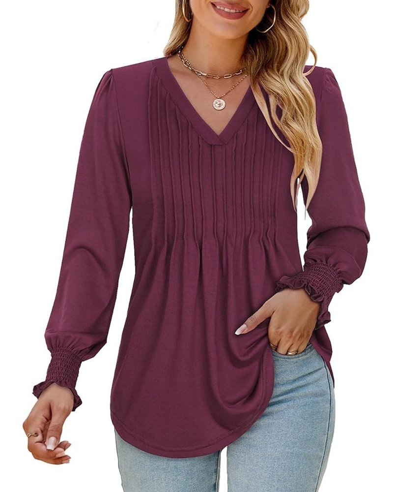 Misyula Womens V Neck Puff Long Sleeve Shirts Dressy Casual Pleated Tunic Blouses Fall Tops S-XXL Purple-red $12.09 Tops