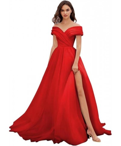 Off Shoulder Tulle Prom Dresses Ball Gown for Women A-Line Wedding Dress Split Formal Evening Dress Red $43.35 Dresses