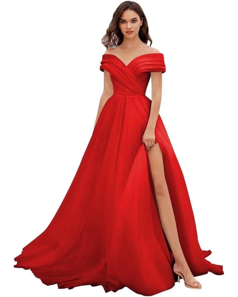 Off Shoulder Tulle Prom Dresses Ball Gown for Women A-Line Wedding Dress Split Formal Evening Dress Red $43.35 Dresses