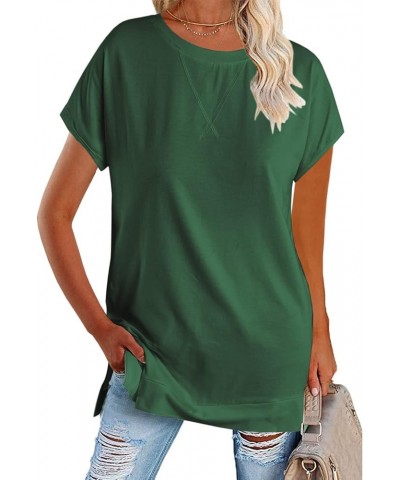 Women's Round Neck Solid Color T-Shirt Side Slit Casual Short-Sleeved Summer Sports Tunic Top Green $13.49 Tops