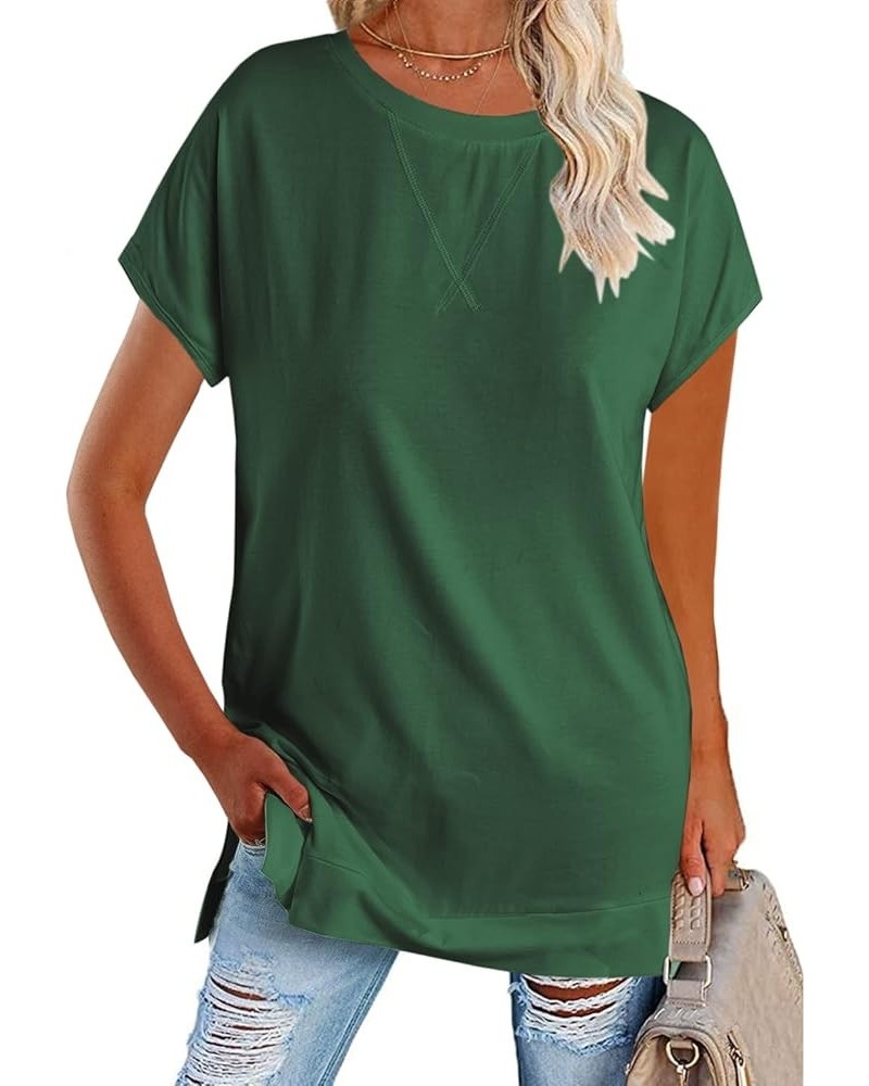 Women's Round Neck Solid Color T-Shirt Side Slit Casual Short-Sleeved Summer Sports Tunic Top Green $13.49 Tops