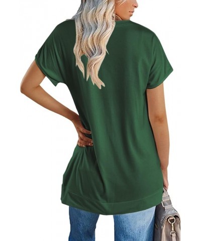 Women's Round Neck Solid Color T-Shirt Side Slit Casual Short-Sleeved Summer Sports Tunic Top Green $13.49 Tops