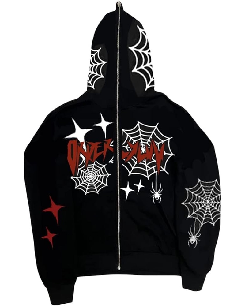 Women Full Zip Up Hoodies Y2K Spider Web Rhinestone Oversized Hoodie Over Face Skull Jackets Punk Streetwear D-black $14.33 H...