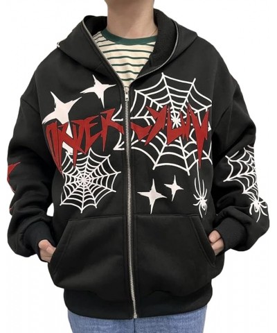 Women Full Zip Up Hoodies Y2K Spider Web Rhinestone Oversized Hoodie Over Face Skull Jackets Punk Streetwear D-black $14.33 H...