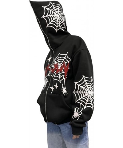 Women Full Zip Up Hoodies Y2K Spider Web Rhinestone Oversized Hoodie Over Face Skull Jackets Punk Streetwear D-black $14.33 H...