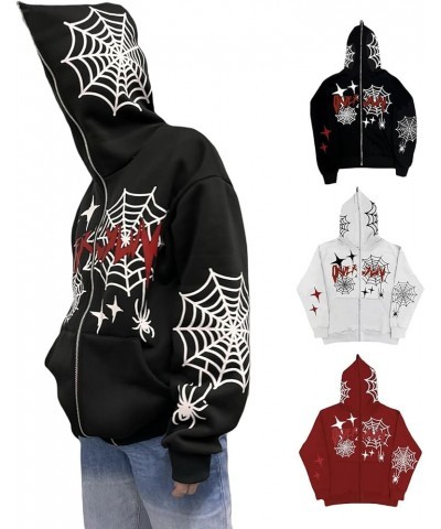 Women Full Zip Up Hoodies Y2K Spider Web Rhinestone Oversized Hoodie Over Face Skull Jackets Punk Streetwear D-black $14.33 H...