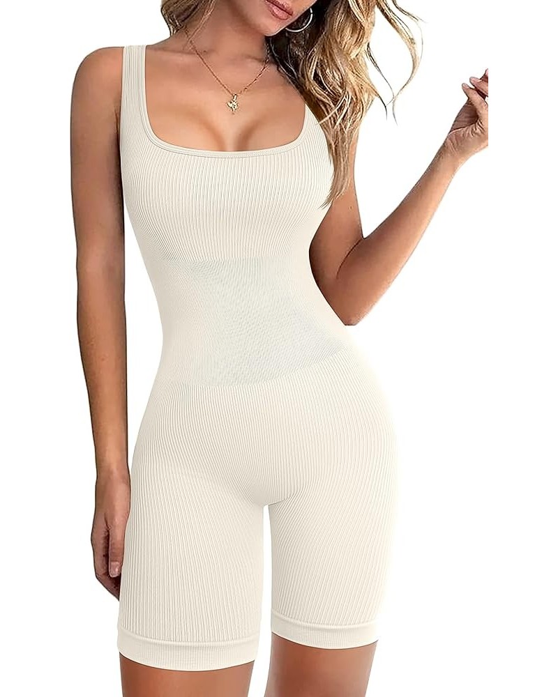 Women's Yoga Rompers Ribbed One Piece Sleeveless Tank Tops Exercise Romper Beige $10.08 Jumpsuits