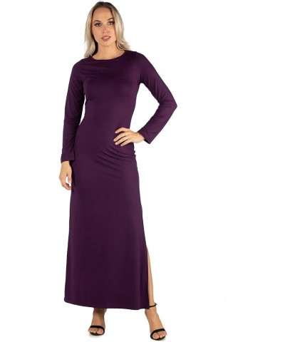 24seven Comfort Apparel Long Sleeve Side Slit Fitted Black Maxi Dress Purple $21.59 Dresses