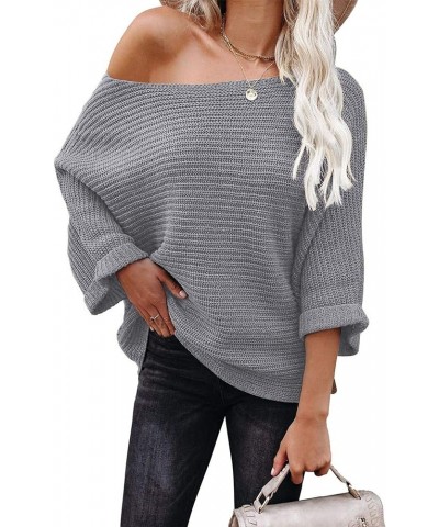 Women's 2024 Fall Winter Off Shoulder Sweaters Batwing 3/4 Sleeve Casual Loose Fit Solid Knit Pullover Jumper Grey $13.99 Swe...