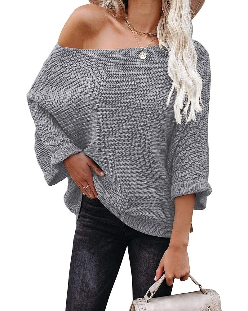 Women's 2024 Fall Winter Off Shoulder Sweaters Batwing 3/4 Sleeve Casual Loose Fit Solid Knit Pullover Jumper Grey $13.99 Swe...