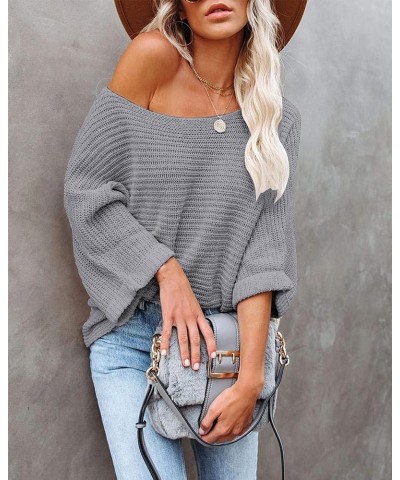 Women's 2024 Fall Winter Off Shoulder Sweaters Batwing 3/4 Sleeve Casual Loose Fit Solid Knit Pullover Jumper Grey $13.99 Swe...