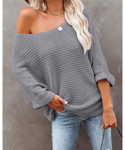 Women's 2024 Fall Winter Off Shoulder Sweaters Batwing 3/4 Sleeve Casual Loose Fit Solid Knit Pullover Jumper Grey $13.99 Swe...