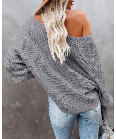 Women's 2024 Fall Winter Off Shoulder Sweaters Batwing 3/4 Sleeve Casual Loose Fit Solid Knit Pullover Jumper Grey $13.99 Swe...