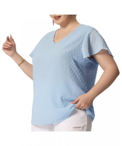 Plus Size Swiss Dots Blouses for Women Dressy V Neck Summer Short Sleeve Casual Cute Shirts Tops Sky Blue $12.79 Blouses