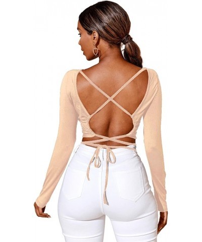 Women's Crisscross Tied Backless Long Sleeve Crop Tee T Shirt Top Khaki $10.50 T-Shirts