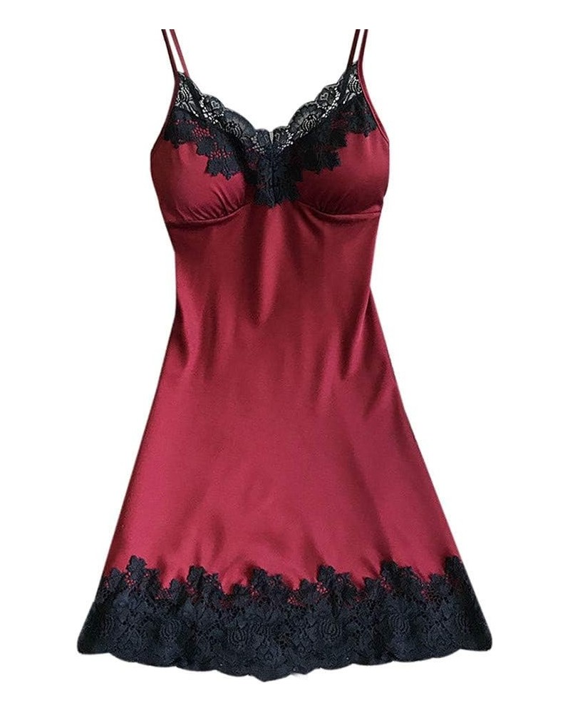 Sexy Long Night Gowns for Woman Naughty Satin Lingerie Plus Size Long Black Slip Plus Size Black Slip Dress Lace Wine-a $12.1...
