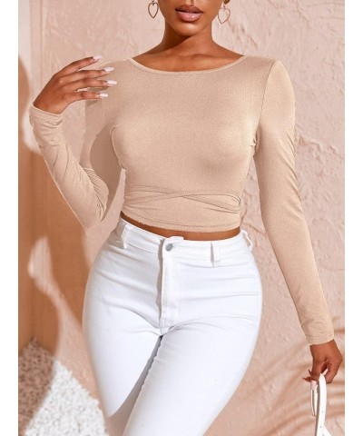 Women's Crisscross Tied Backless Long Sleeve Crop Tee T Shirt Top Khaki $10.50 T-Shirts