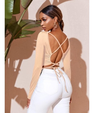 Women's Crisscross Tied Backless Long Sleeve Crop Tee T Shirt Top Khaki $10.50 T-Shirts