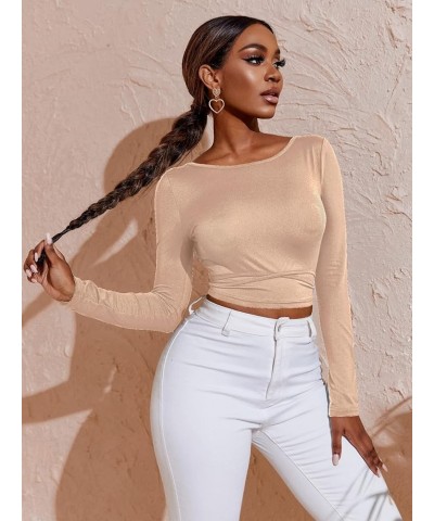 Women's Crisscross Tied Backless Long Sleeve Crop Tee T Shirt Top Khaki $10.50 T-Shirts