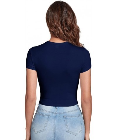 Women's Casual Basic Cap Sleeve Slim Fitted Round Neck Crop Tee Top Navy Blue $10.59 T-Shirts