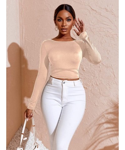 Women's Crisscross Tied Backless Long Sleeve Crop Tee T Shirt Top Khaki $10.50 T-Shirts